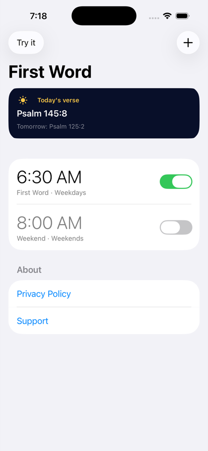First Word home screen with today’s verse and scheduled alarms