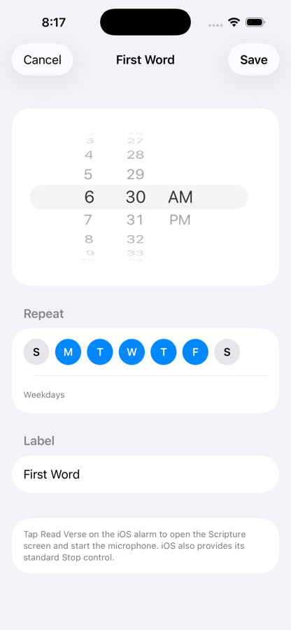 First Word alarm schedule screen